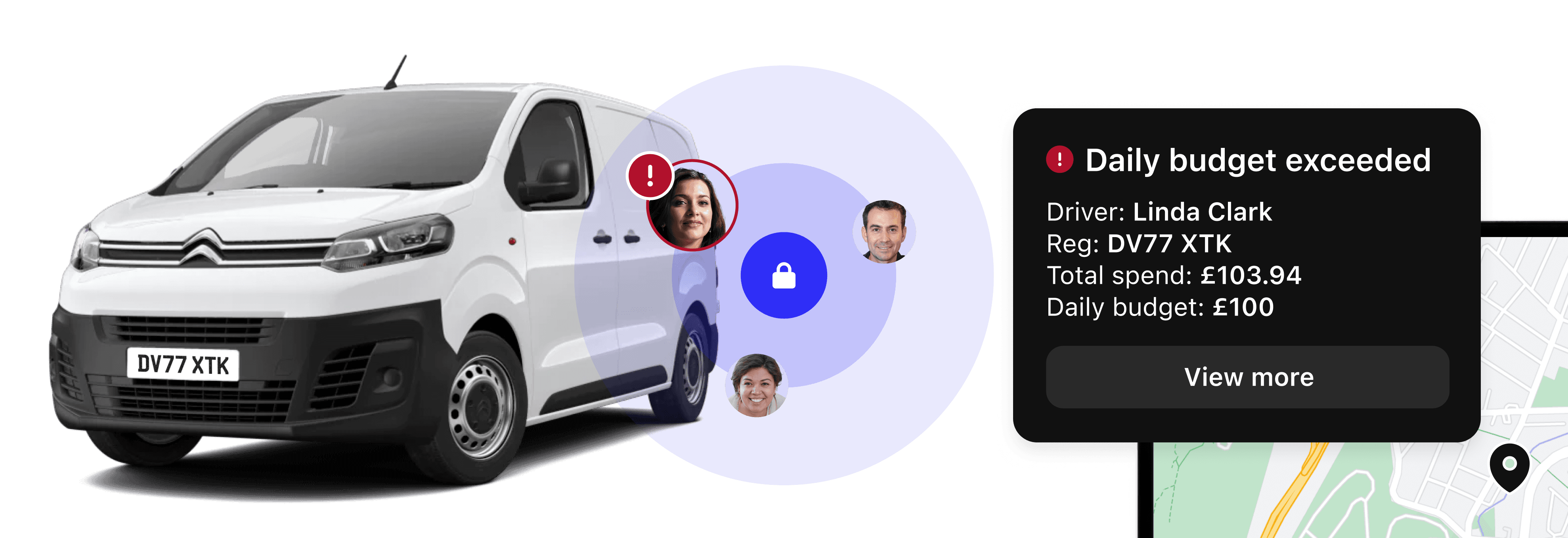 A graphic illustrating the security controls of Bypass. There is an example notification of daily budget being exceed by a fleet driver.